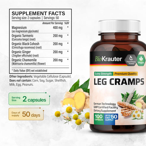 BIO KRAUTER Leg Cramps Capsules with Magnesium - 1200 mg Blend - 100 Vegan Caps - Turmeric & Ginger for Leg Cramps - Natural Formula Without Quini...