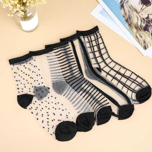 5Pairs Sheer Ankle Socks Black See Through Socks Striped Plaid Dot Cute Transparent Socks for Women Girls...