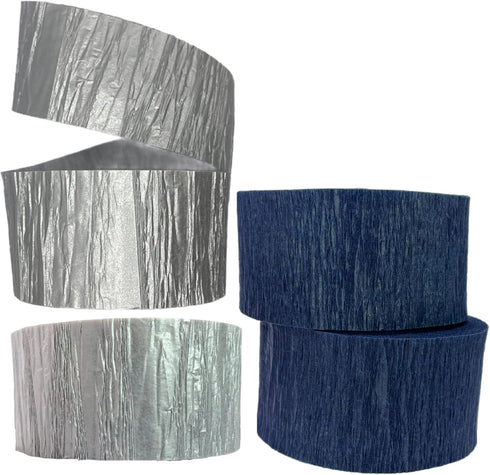 Navy Blue and Silver Metallic Crepe Paper Streamers, 4 Rolls Total...