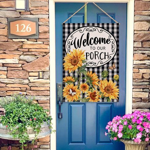 Home Decorative Welcome to Our Porch Spring Summer Sunflower House Flag, Black White Buffalo Plaid Check Yard Outside Decoration, Fall Autumn Farm...