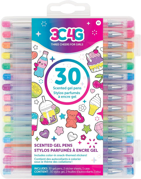 3C4G: 30 Scented Gel Pens - w/ 2 Color-in Snack Themed Sticker Sheets, 30 Different Vibrant Colors, Writing & Drawing, Three Cheers for Girls, Age...