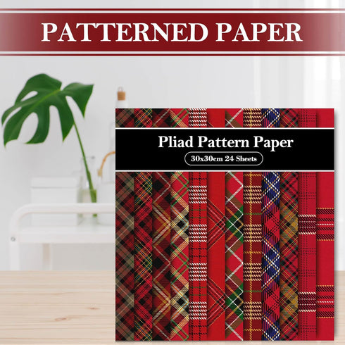 Whaline 24 Pack Christmas Pattern Paper 30x30cm Red Scottish Plaid Scrapbook Paper 12 Designs Double-Sided Xmas Craft Paper Folded Flat for DIY Ca...