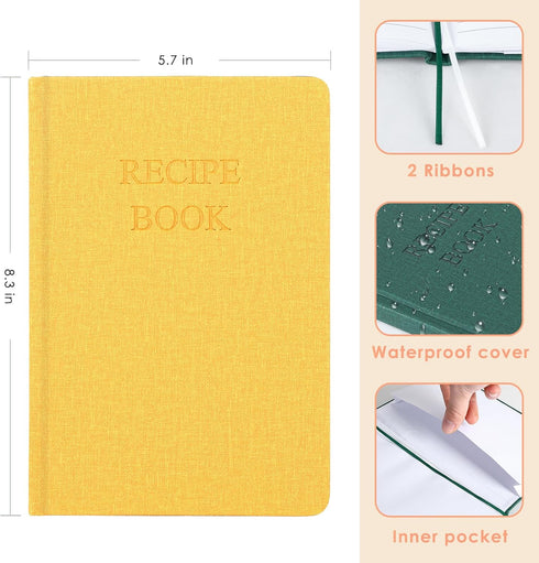Recipe Book, Blank Recipe Books to Write in Your Own Recipes, Waterproof Hardcover cook books with Prompts and Contents A5-Yellow...