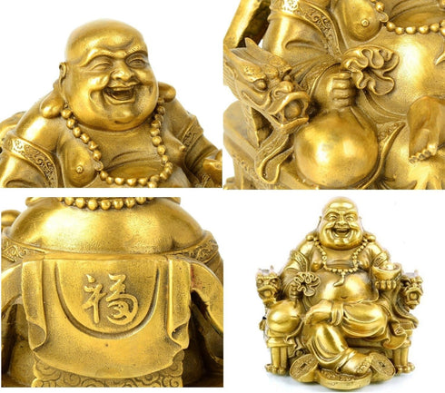 Fengshui Buddha Statue for Lucky & Happiness God of Wealth,Laughing Buddha on Emperor`s Dragon Chair,Brass Buddhist Statues and Sculptures Home De...
