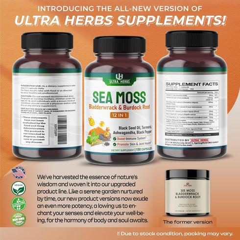 Organic Sea Moss Capsules 12,900mg with Black Seed Oil, Ashwagandha, Burdock Root, Bladderwrack for Immune System, Gut, Skin & Energy *USA made & ...