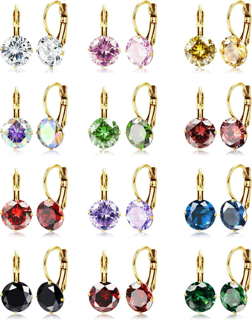 JOERICA 12 Pairs Leverback Dangle Earrings Set for Women Gold Plated CZ Stainless Steel Earrings 6/10MM Multicolor Cubic Zirconia Drop Earrings...