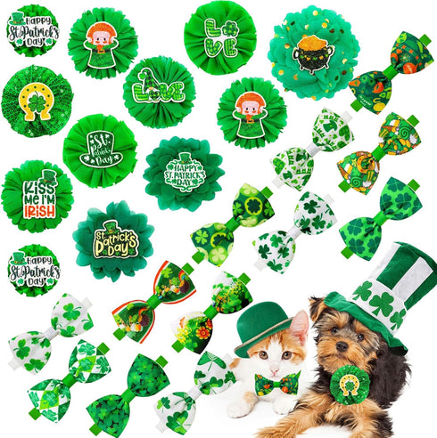 24pcs St.Patrick's Day Dog Bow Ties, Adjustable Green Pet Small Dog Collar Attachment Grooming Bowties, Lucky Clover Dog Bow Ties for Holiday Fest...