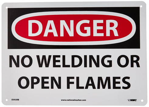 NMC D592RB OSHA Sign, Legend "DANGER - NO WELDING OR OPEN FLAMES", 14" Length x 10" Height, Rigid Plastic, Black/Red on White...