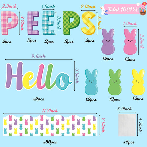 108Pcs Easter Hello Peeps Cutouts Bulletin Board Set Easter Bunny Peeps Paper Cut-Outs Easter Day Bunnies Trim Border Bulletin Board for School Cl...