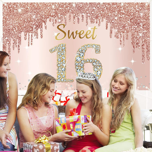 Sweet 16th Birthday Banner Backdrop Decorations for Girls, Rose Gold 16 Birthday Party Sign Supplies, Pink 16 Years Old Birthday Poster Background...
