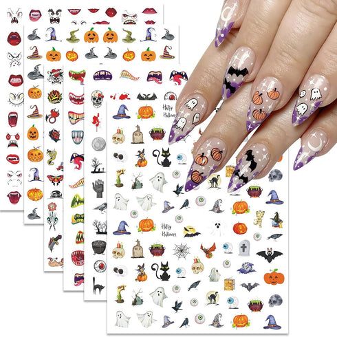 Terror Halloween Nail Art Stickers Decals Pumpkin Mouth Nail Decals 3D Self-Adhesive Skull Clown Face Nail Supplies Bat Spider Web Design Nail Art...