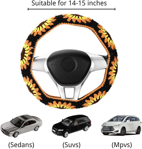 Crochet Steering Wheel Cover Set,Cute Car Steering Wheel Cover Boho 14-15in,Handmade Sunflower Granny Square Pattern Gift for Women, Accessories f...