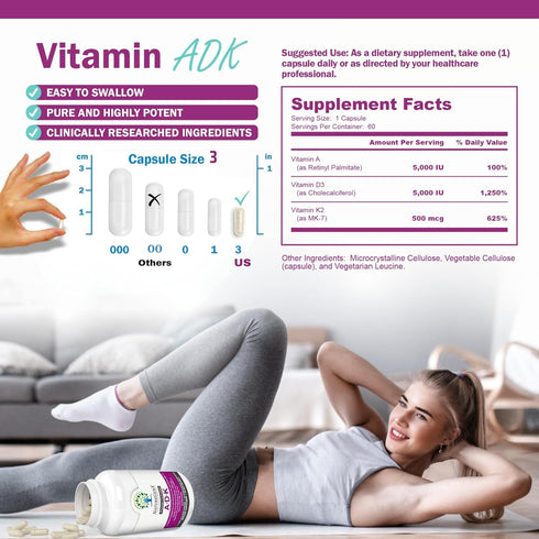 ADK Vitamin Supplement 5000 IU - High Potency Vitamins A, D3, and K2 for Bone Health and Calcium Absorption | Gluten-Free Vitamin ADK Supplement, ...