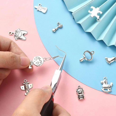 Ipotkitt 100 Pcs 10 Styles Antique Style Cartoon Charms Baby Boy Charms Baby Themed Puzzle Plane Charms for Baby Shower DIY Jewelry Making Supplie...