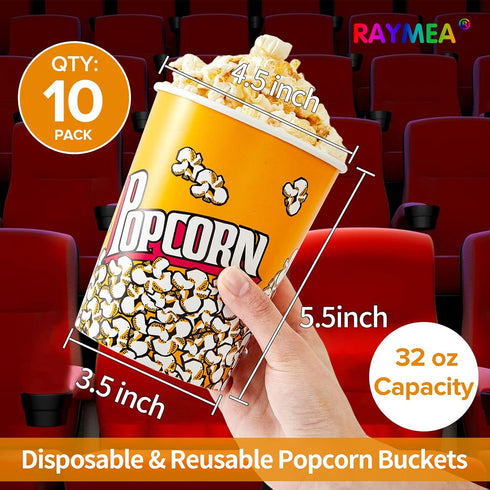 RAYMEA Popcorn Buckets Disposable 32oz Retro Style Paper Leak Proof Popcorn Containers Popcorn Bowls for Family Movie Night & Party - 10 Pac...