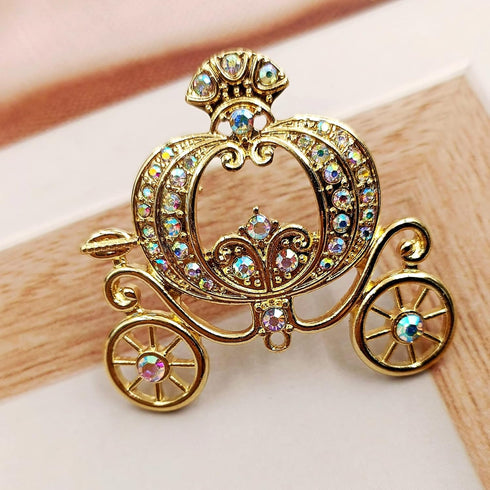 Stunning Gold Tone Opens AB Crystal Accent Pumpkin Carriage Pin Brooch Fair Tale Jewelry...