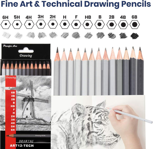 Pacific Arc Premium Graphite Drawing Pencils for Artists, Tech Pack - Professional Pencils for Drawing, Drafting, Sketching and Shading 12 Pk. - G...