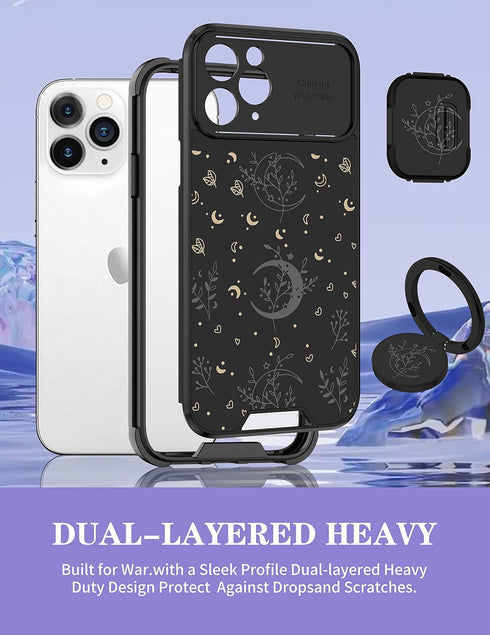 Goocrux (2in1 for iPhone 11 Pro Max Case Moon Plants Women Girls Cute Phone Cover Flower Heart Stars Space Design with Slide Camera Cover+Ring Fas...
