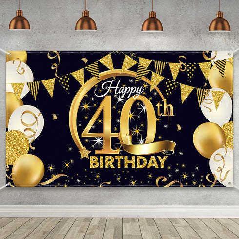 Blulu 40th Birthday Party Decoration, Extra Large Fabric Black Gold Sign Poster for 40th Anniversary Photo Booth Backdrop Background Banner, Birth...