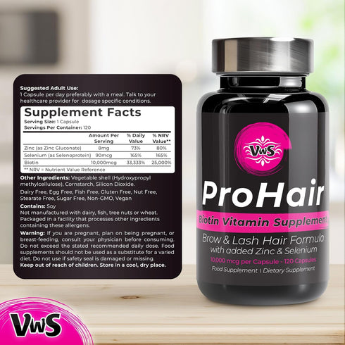 VWS Biotin 10,000 mcg Dietary Supplement w/Zinc & Selenium to Promote Thicker Hair Growth, Stronger Nails & Healthy Skin for Women and Men, 120 Ve...
