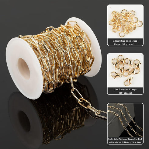 16.4 Feet Aluminum Oval Light Gold Chains for Jewelry Making Unwelded Textured Paperclip Link Cable Chain Roll Necklace Chains Bulk with Lobster C...