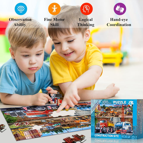 Puzzles for Kids Ages 4-8 6-8 8-10, Construction Site 100 Piece Puzzles for Kids, Educational Kids Puzzles Toys for Boys Girls Age 4, 5, 6, 7, 8-1...