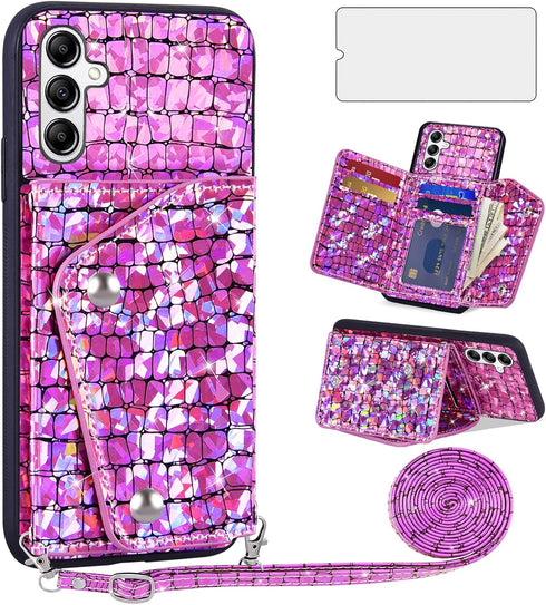 Asuwish Phone Case for Samsung Galaxy A14/M14 5G Wallet Cover with Tempered Glass Screen Protector and Card Holder Stand Leather Bling Glitter Cel...