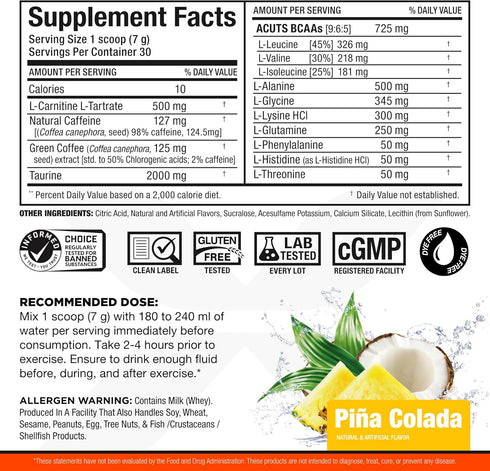 ALLMAX Nutrition AMINOCUTS (ACUTS), Amino-Charged Energy Drink with Taurine, L-Carnitine, Green Coffee Bean Extract, Pina Colada, 30 Servings...