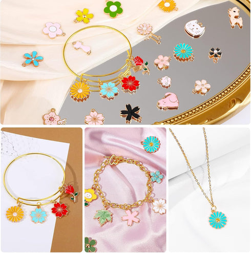 MARFOREVER 120 Pcs Spring Summer Floral Themed Charms, Flower Charms for Jewelry Making, Assorted Gold Enamel Charm Pendants for DIY Necklace Brac...