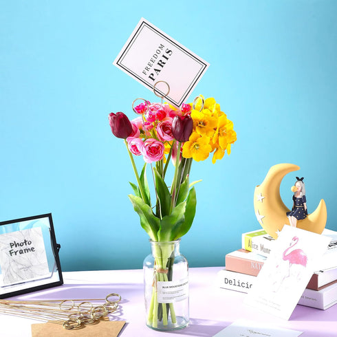 Hotop 30 Pcs Floral Card Holder Pick Metal Wire Flower Place Card Stick 13.4 in Picture Photo Memo Holder Round Floral Gift Stick Clip for Centerp...