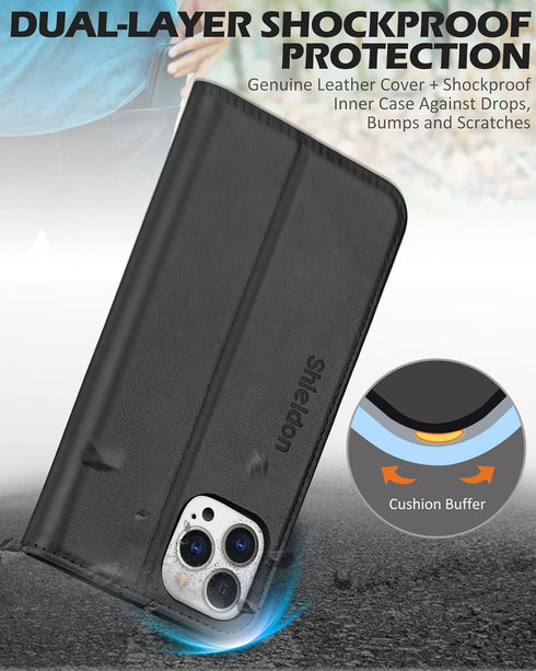 SHIELDON Case for iPhone 12 Pro Max 5G, Genuine Leather Wallet Case Magnetic RFID Blocking Card Holder Kickstand Shockproof Cover Compatible with ...