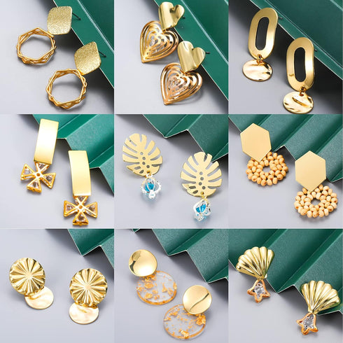 Hicarer 36 Pcs/ 18 Pairs Gold Plated Earring Studs for Jewelry Making Earring Posts with Loop Hole Ear Studs Kit Palm Leaf Shaped Flower Shell Ear...