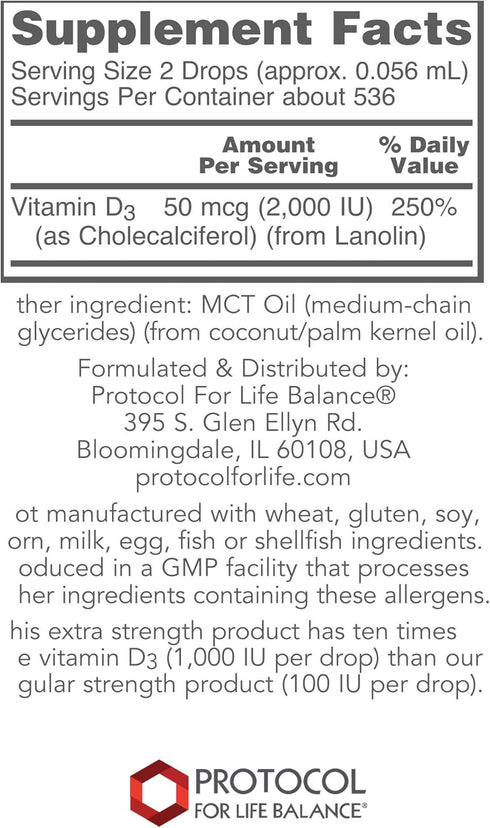 Protocol Liquid Vitamin D3 2,000 IU - Extra Strength - Bone & Teeth Support* - Dietary Supplement for Immunity & Bone Mineralization* - Non-GMO, H...
