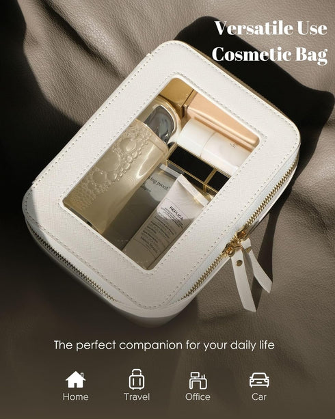 Clear Makeup Case, Durable Saffiano Faux Leather Travel Cosmetic Bag, Toiletry Bag with Visual Window & Dual Zippers, Travel Essentials for Women ...