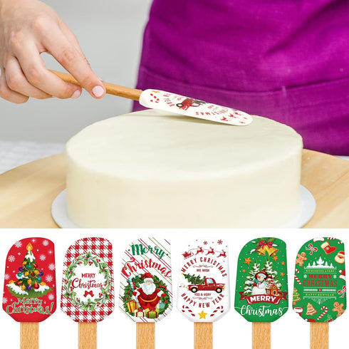 6 Pieces Christmas Silicone Spatula Xmas Cake Spatula with Wooden Handle Snowmen Pancake Spatula Cute Pan Scraper Xmas Dish Scraper Cooking Spatul...
