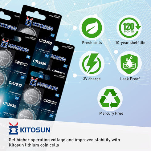 KITOSUN CR2025 Batteries 3V Lithium Cell - 3 Volt CR 2025 Coin Button Lithium Battery Replacement for Mazda Mercedes Car Key Fob Remote Control LE...