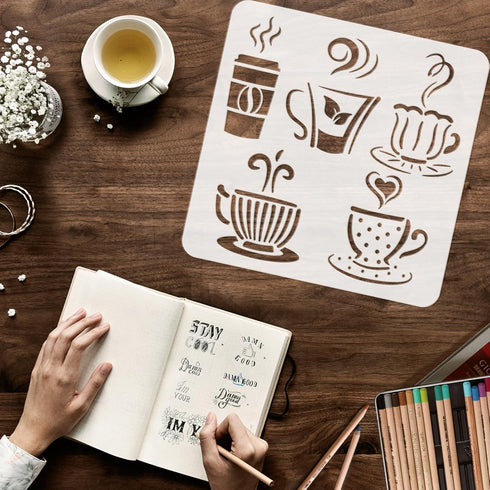 FINGERINSPIRE Hot Drinks Stencil for Painting 11.8x11.8inch Reusable Cups Mugs Stencil Large Coffee Tea Drawing Template Daily Theme Stencil for P...
