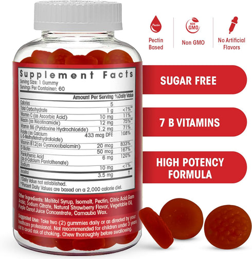 Sugar Free Vitamin B Complex Gummies - Vitamin B12, B7, B6, B3 (Niacin), B5, B8, B9 (Folate)- Third Party Tested- Prenatal, Vegan Diet, Older Adul...