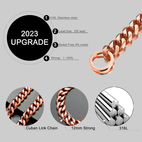 Dog Chain Collar High Rose Gold Polished 12MM Stainless Steel Cuban Link Strong Heavy Duty Chew Proof Walking Chain Leash Collar for Small Medium ...