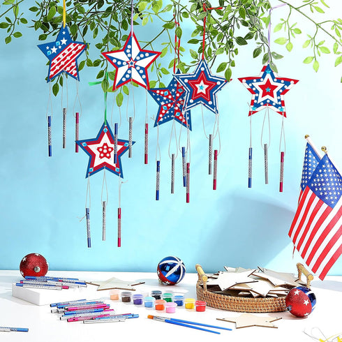 Sheroll 30 Pack 4th of July Wind Chime Kit for Kids DIY Craft Make Your Own Patriotic Star Wooden Wind Bell Decoration for Girls Boys Art Ornament...