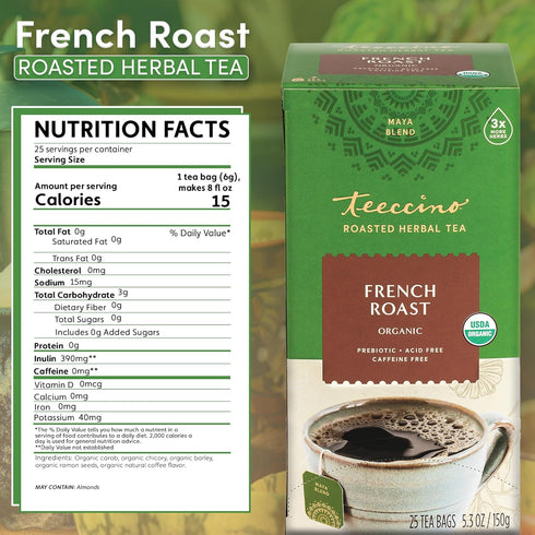 Teeccino French Roast Herbal Tea - Rich & Roasted Herbal Tea That’s Caffeine Free & Prebiotic for Natural Energy, Coffee Alternative, 25 Tea Bags...