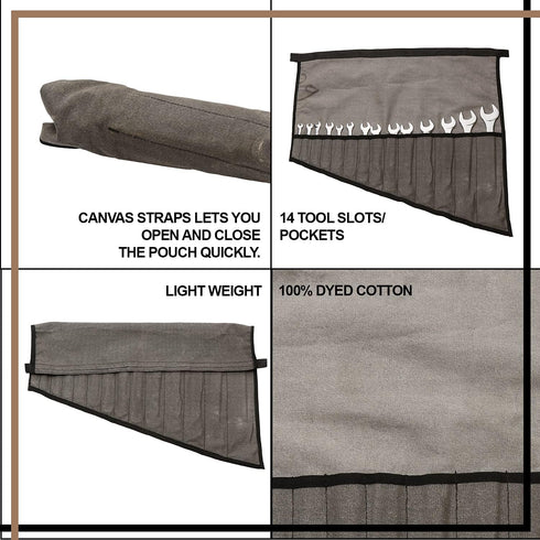 Wrench Pouch 14 Pockets Metric & Standard Wrench Organizer & Roll Up Pouch Hand Made 100% Dyed Cotton Duck Canvas Tool Bag - Washed Black/Grey...