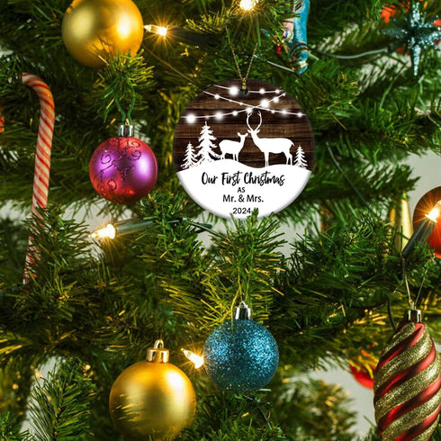 Our First Christmas as Mr & Mrs Deer Christmas 2024 Tree Ornament - Couple Newlywed (White and Brown)...