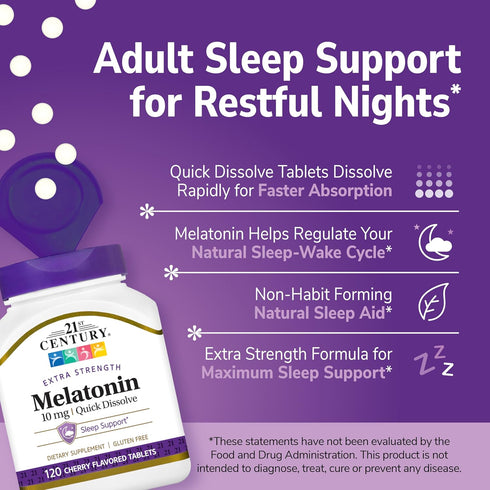 21st Century, Melatonin Quick Dissolve Tablets 10 mg, White, Cherry, 120 Count...