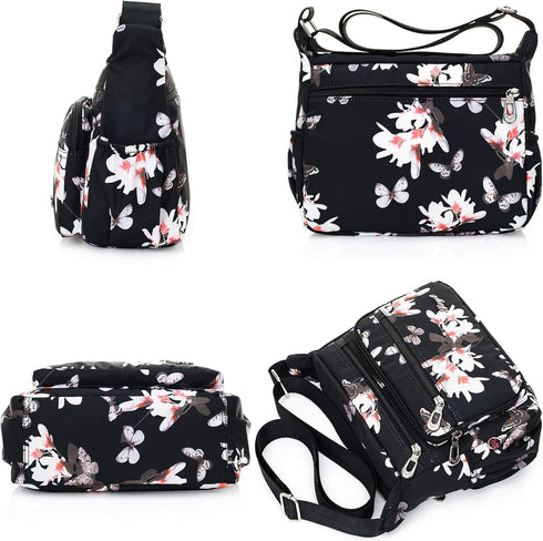 Womens Nylon Floral Shoulder Bag Crossbody Bag Messenger Bags Travel Handbags With Adjustable Strap Waterproof...