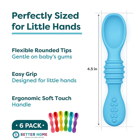 Premium Silicone Baby Spoons - 6 Pack, Self Feeding Training Spoons for Infants & Toddler, First Stage Chewable Baby Led Weaning Utensils, Dishwas...