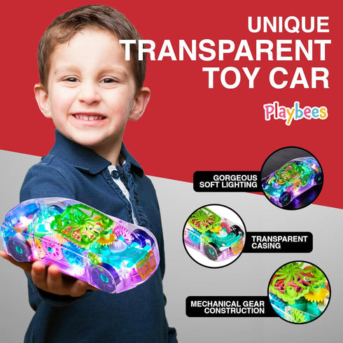 Light-Up Transparent Car Toy for Kids - 1 Pack - Bump and Go Colorful Moving Gears, Music, LED Effects - Fun Educational Toy - Great Birthday Gift...