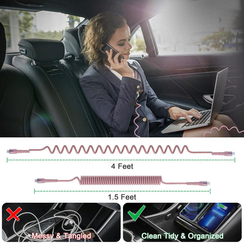 Coiled USB C to Lightning Cable 3Ft, Short USB C iPhone Cord Coiled iPhone Charger for Car Apple CarPlay, Pink with Data Sync & LED...