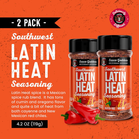 Sauce Goddess Southwest Latin Heat Shaker (2-Pack) - BBQ Rub with Tons of Cumin and Oregano Flavor, Cayenne, and New Mexican Red Chiles. No Sugar,...