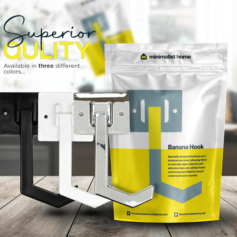 Banana Hanger - Under Cabinet Hook for Bananas or Other Lightweight Kitchen Items. Hook Folds-up When Not in Use. Self-adhesive and Pre-drilled Ho...